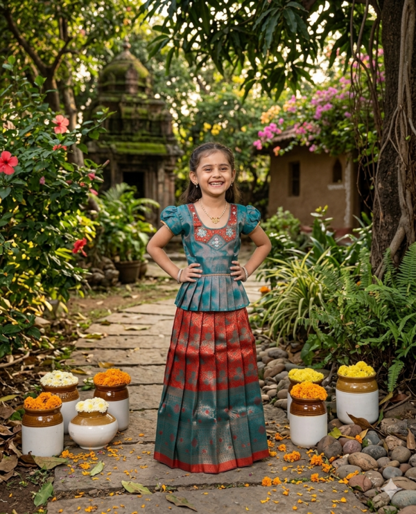 Rust art silk pavadai readymade set